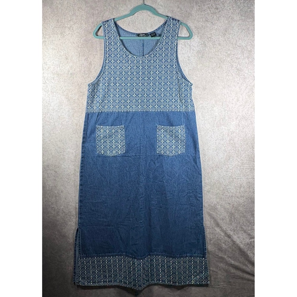 Asari Jumper Dress Large Blue Denim Embroidered Sleeveless Maxi Boho Cottagecore